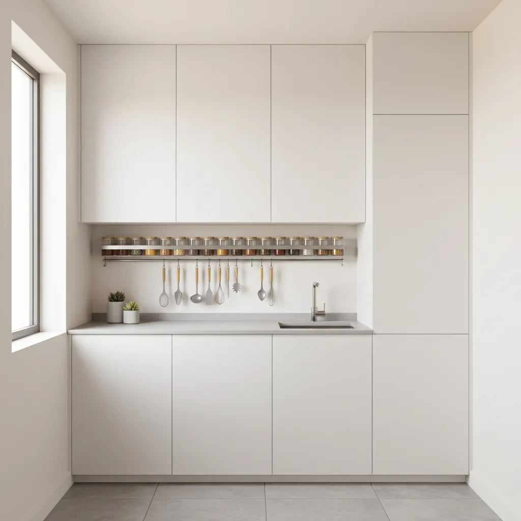 Small kitchen with ceiling height cabinets and wall storage