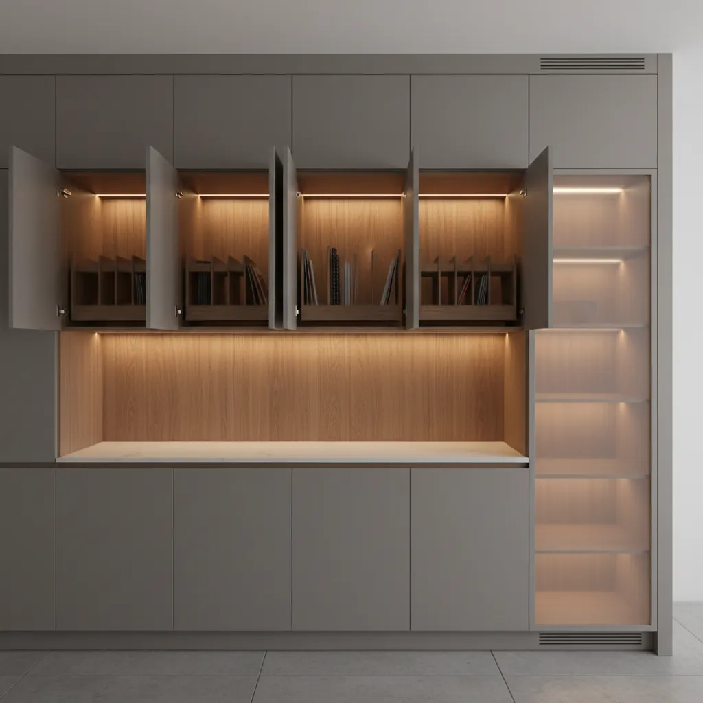ceiling height kitchen cabinets with vertical tray storage and pantry tower
