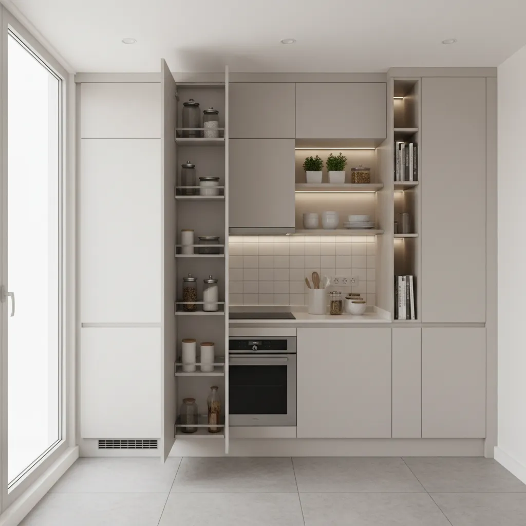 Tall ceiling height cabinets maximizing storage in a small apartment kitchen
