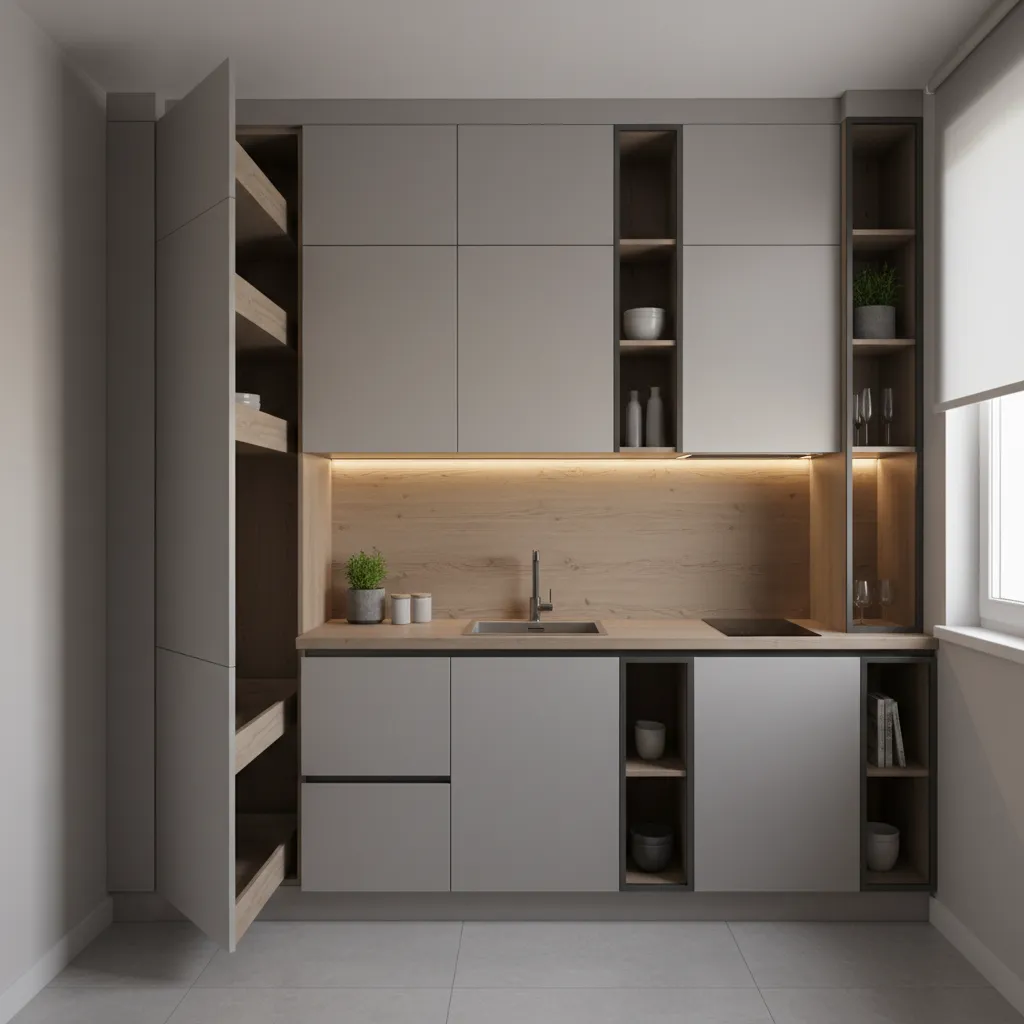 Tall kitchen cabinets and vertical storage in compact kitchen