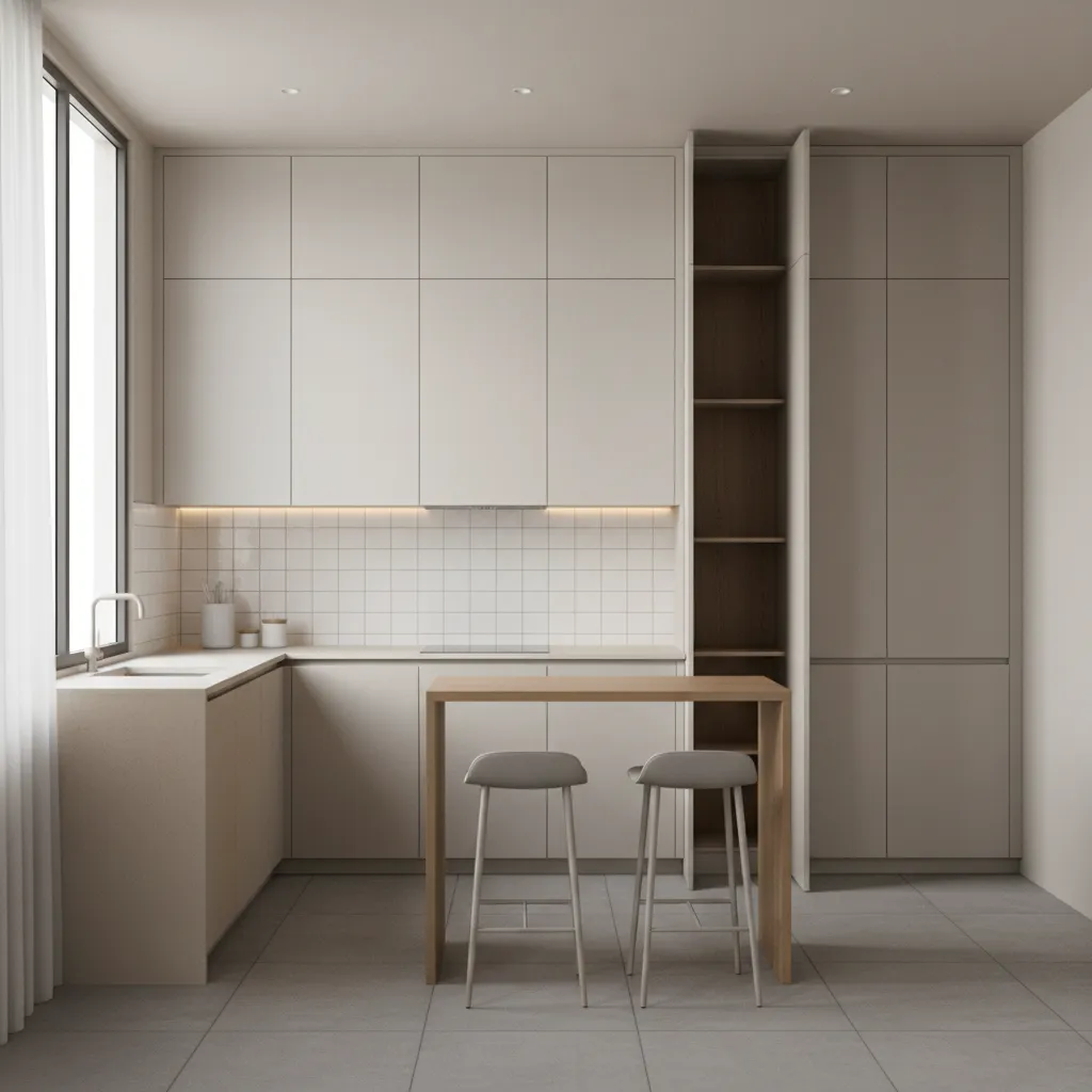 Small kitchen with full height cabinets and vertical storage solutions