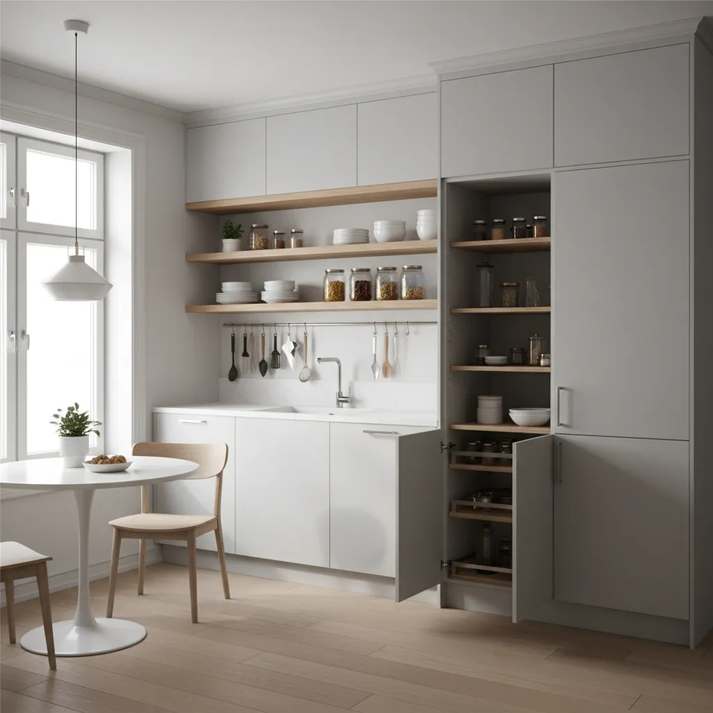 vertical storage cabinets and wall shelving in small kitchen