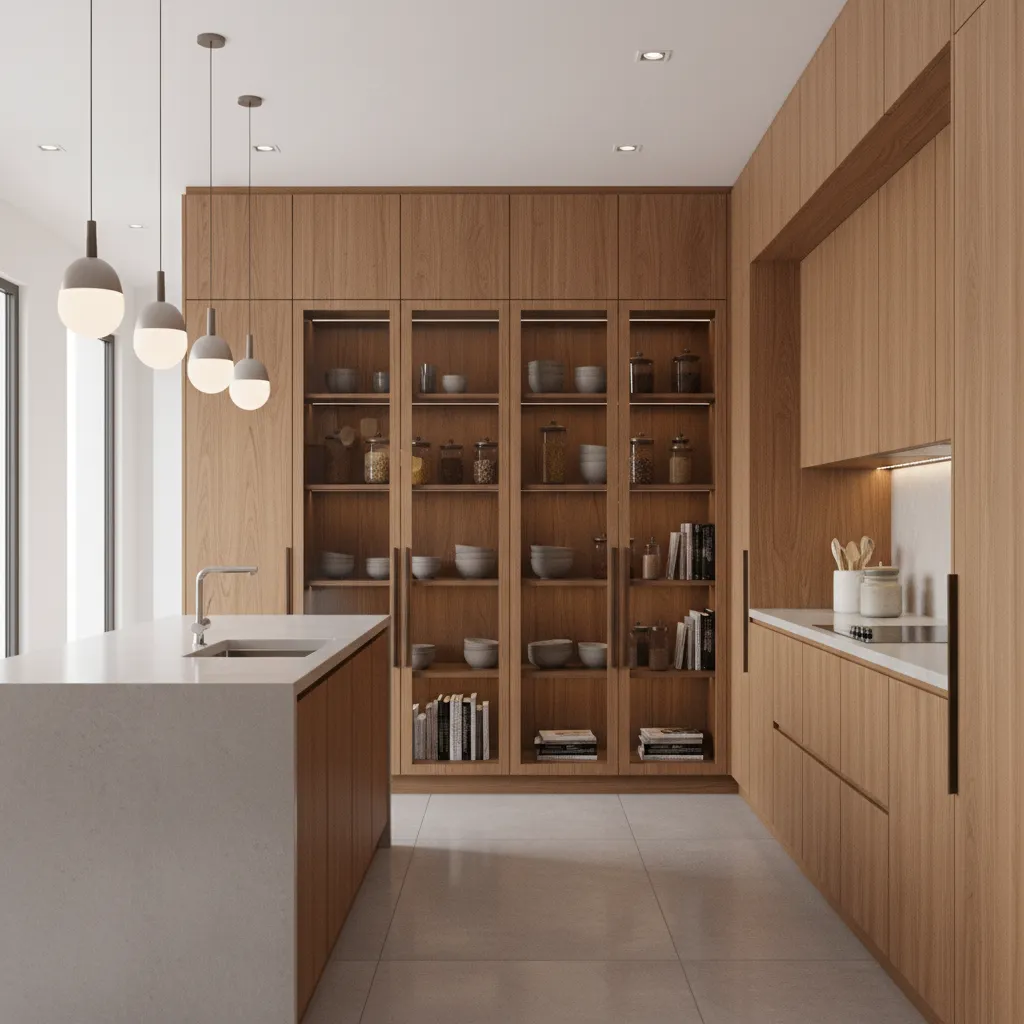 Tall pantry cabinets in a long kitchen providing vertical storage
