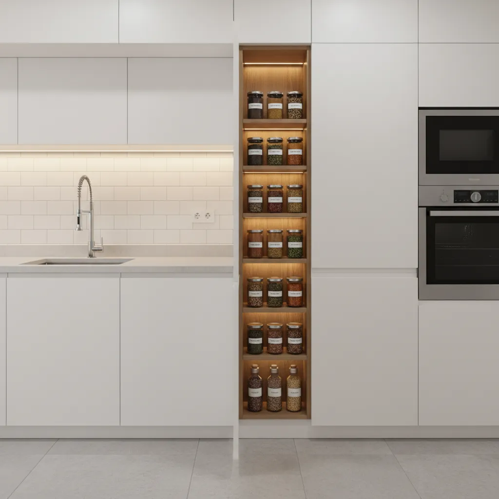 Slim pull-out vertical pantry storage cabinet in kitchen