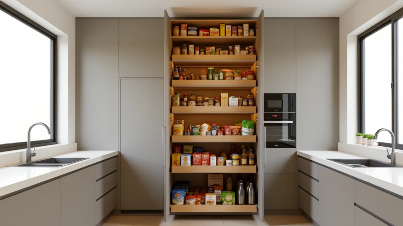 Modern kitchen with tall pantry pull out storage cabinets