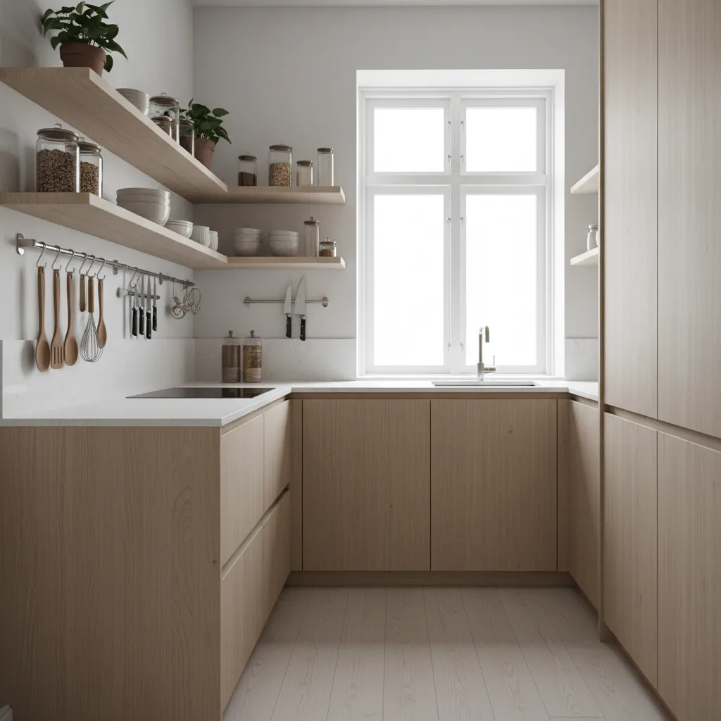 small kitchen with ceiling height cabinets and wall mounted storage