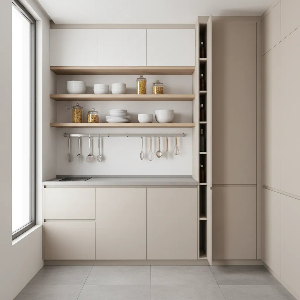 Small kitchen vertical storage with tall cabinets and wall shelves