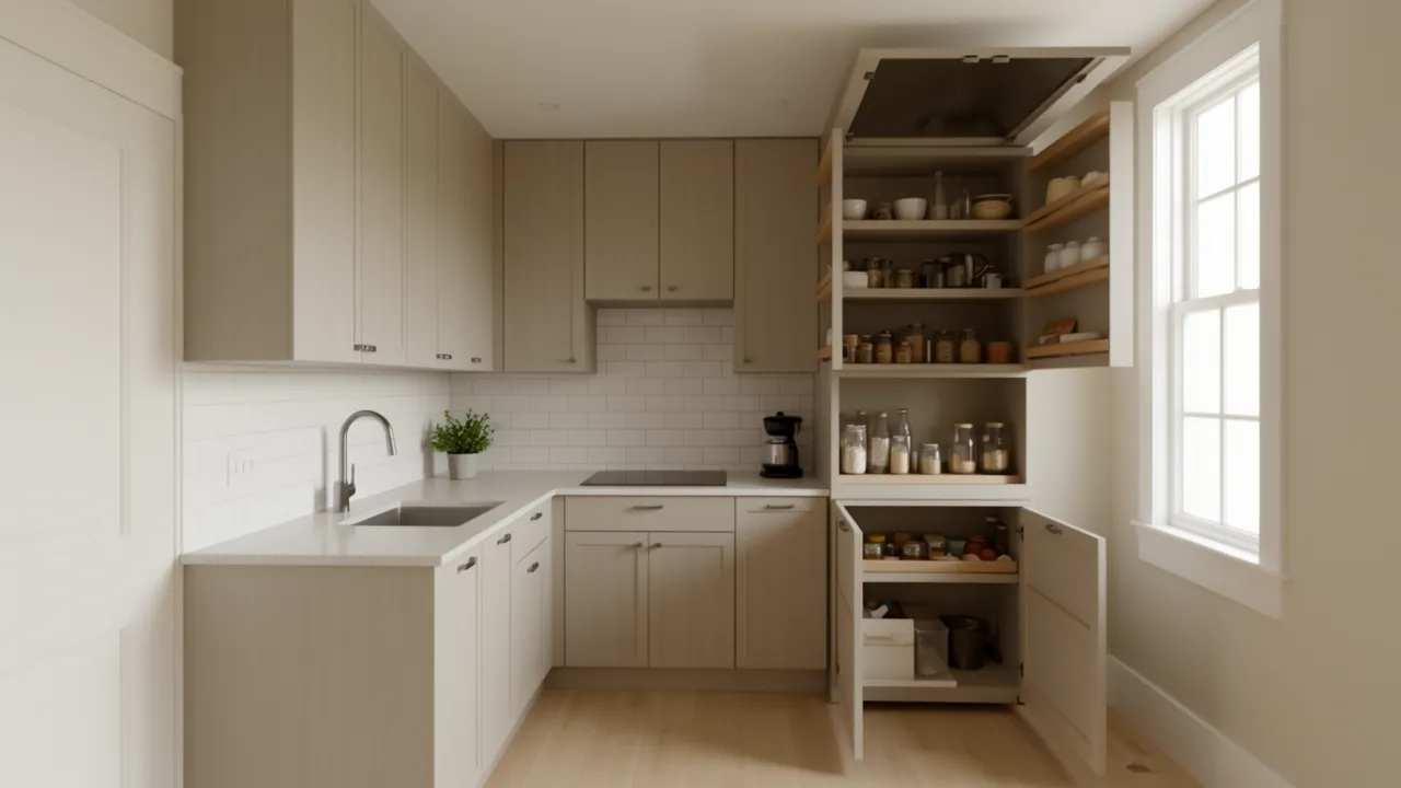 tall kitchen cabinets and pull out storage in a small kitchen