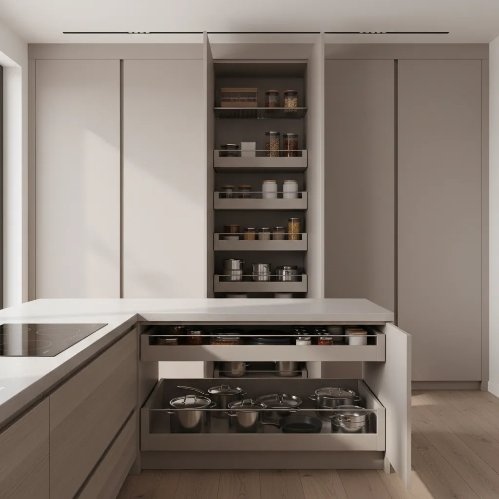 apartment kitchen with tall cabinets and pull out pantry storage