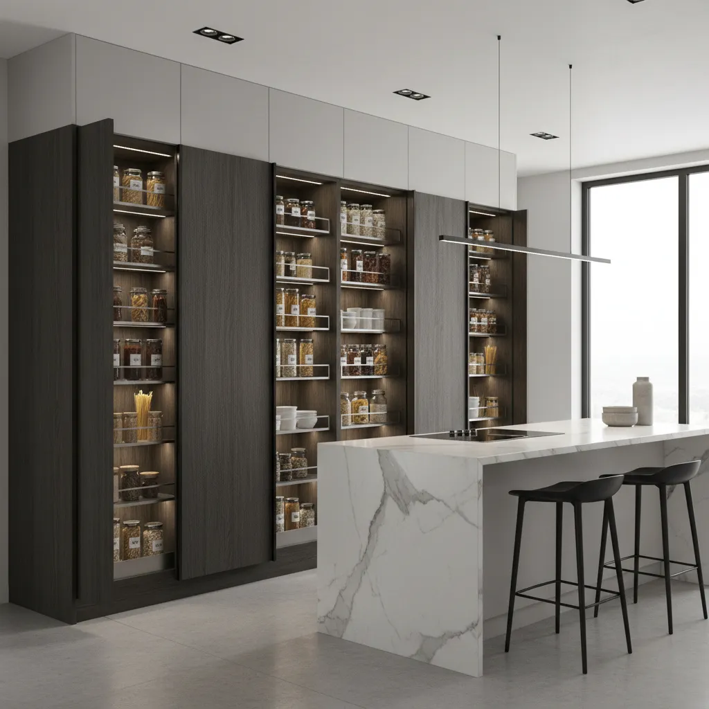 Tall pantry and vertical storage cabinets in a compact kitchen