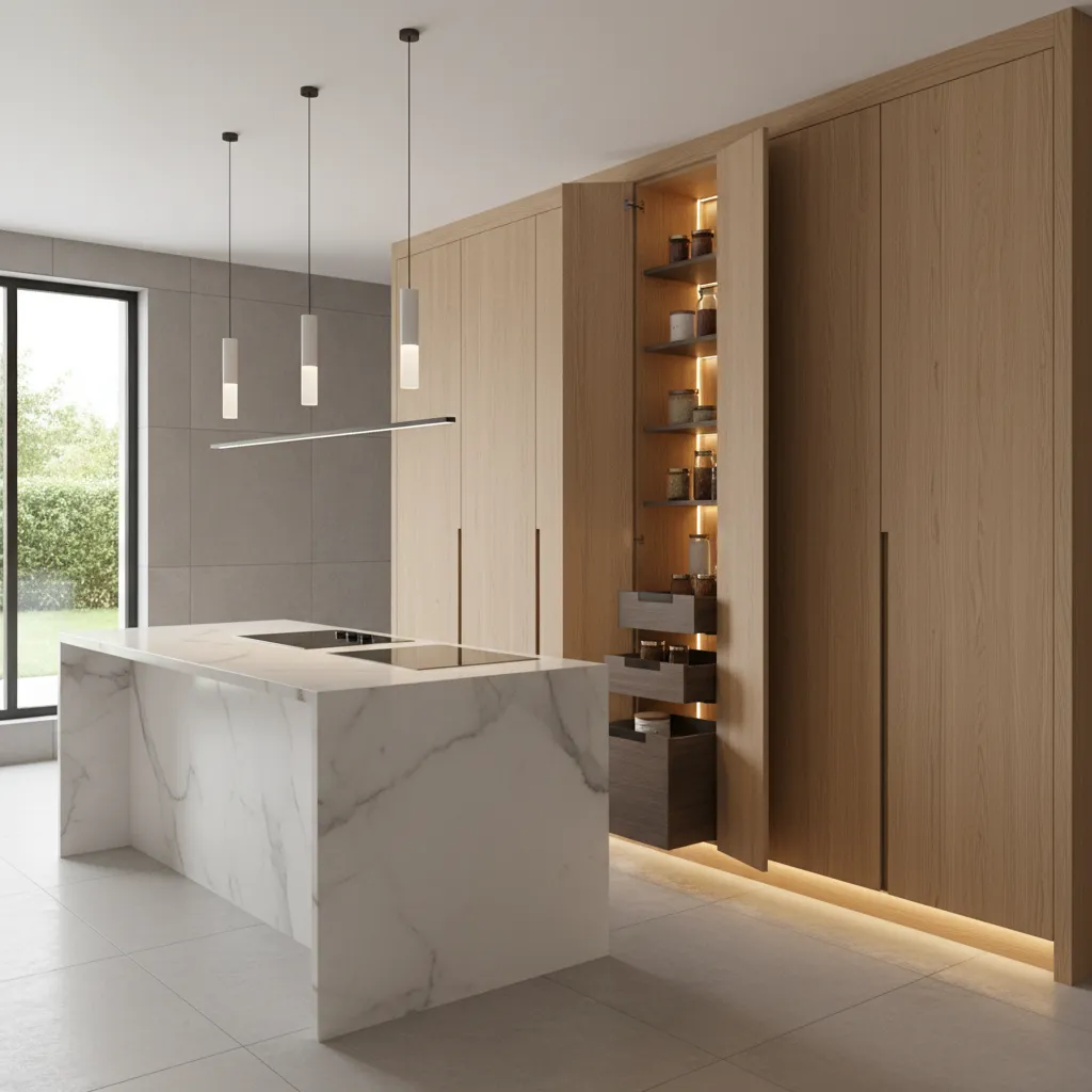 Tall kitchen cabinets and vertical pantry storage in modern apartment kitchen