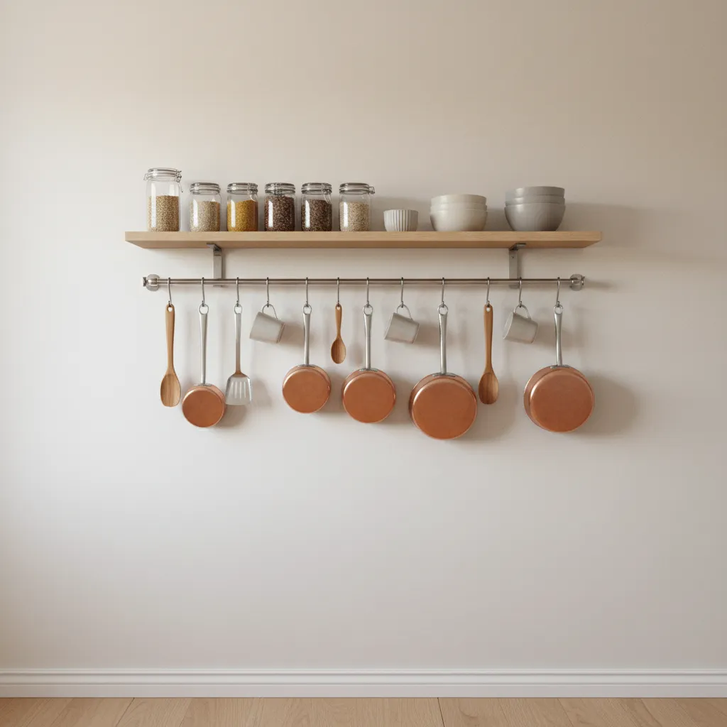 Vertical kitchen wall storage with rails hooks and shelves