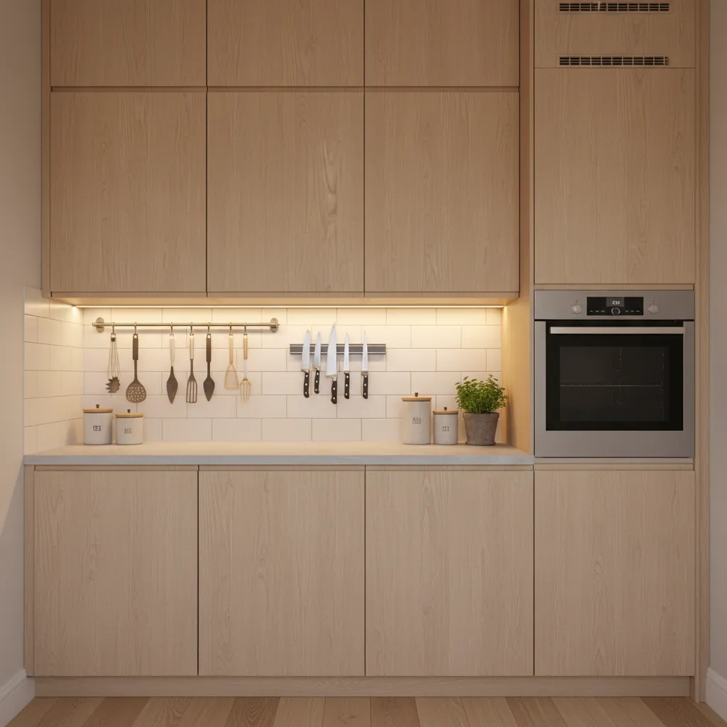 Small kitchen using vertical storage with ceiling height cabinets