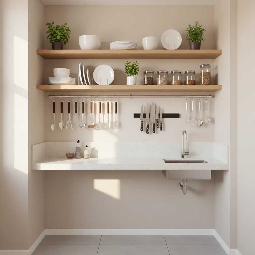 small kitchen wall with vertical storage rails and hanging utensils