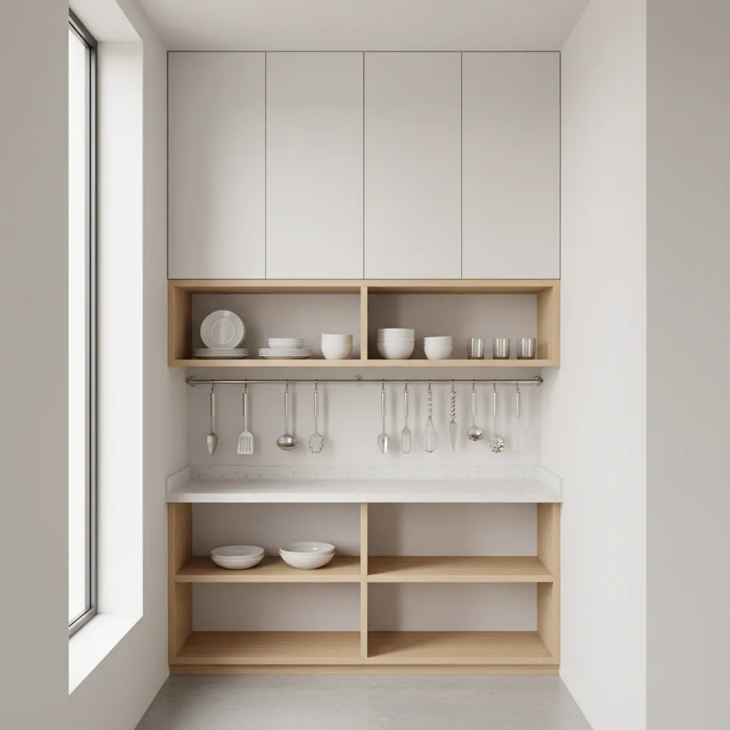 small kitchen with vertical storage shelves and wall mounted racks