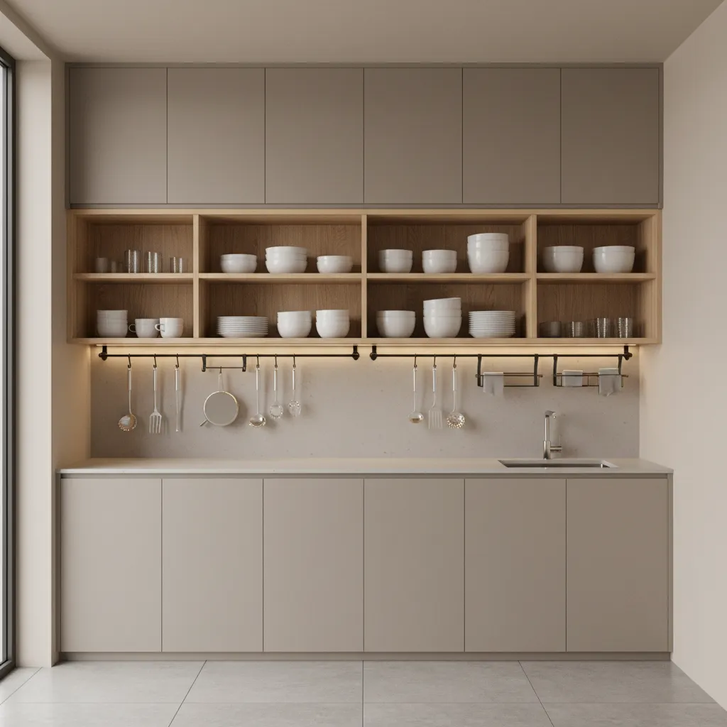 Kitchen wall with vertical storage shelves and ceiling height cabinets
