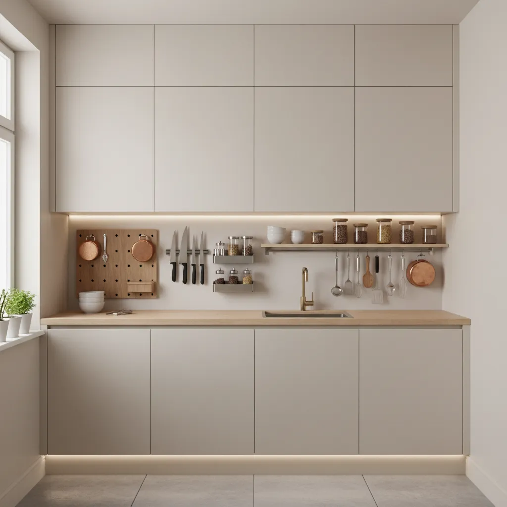 Vertical kitchen storage with tall cabinets and wall racks