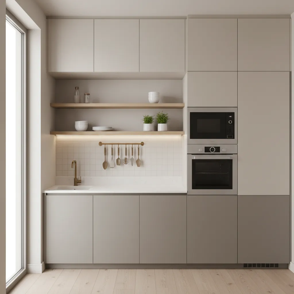 Small kitchen with ceiling height cabinets and vertical storage solutions