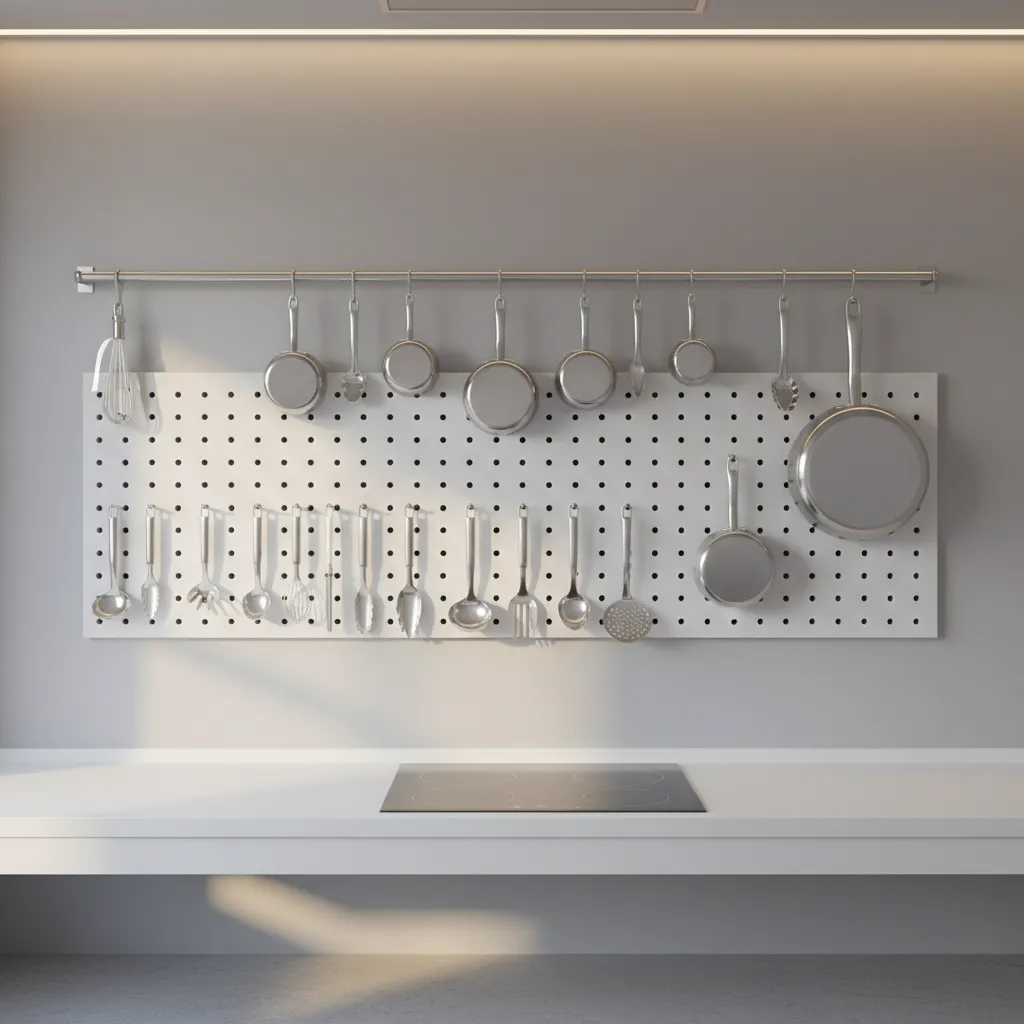 Kitchen wall rail system with hanging pans utensils and tools
