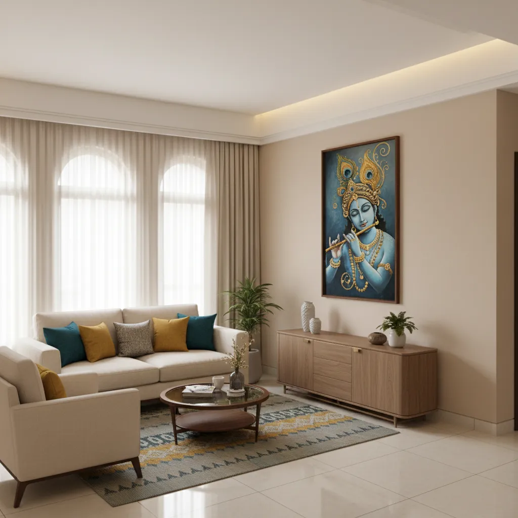 Vertical Krishna flute wall painting design making a small room look taller
