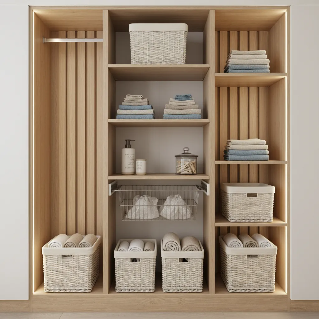 tall narrow laundry cabinet with vertical shelves and storage bins