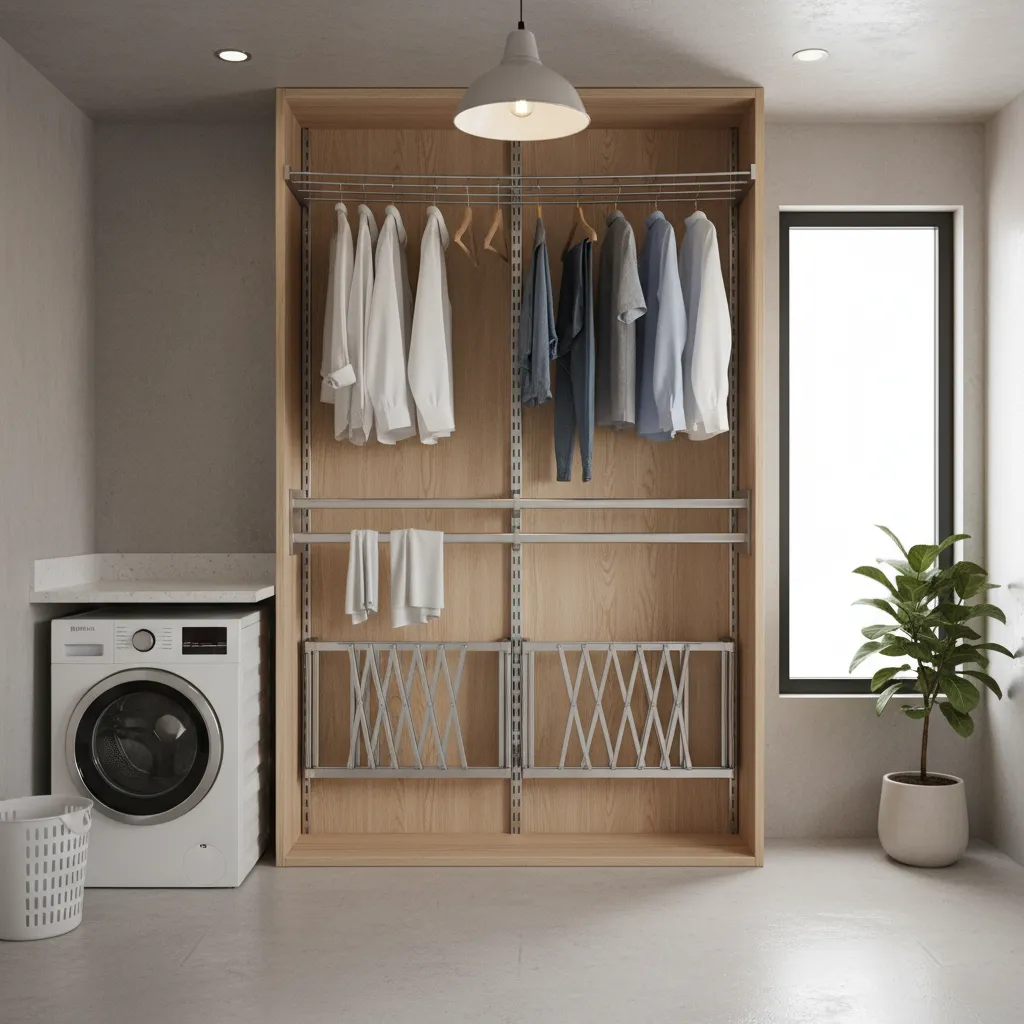 Vertical drying zone with rack rod and clothesline in laundry room