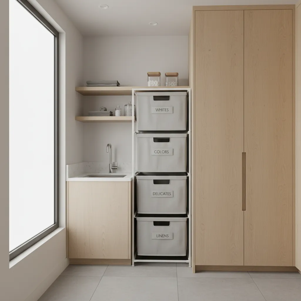 Tall divided laundry hamper designed for vertical storage in small spaces