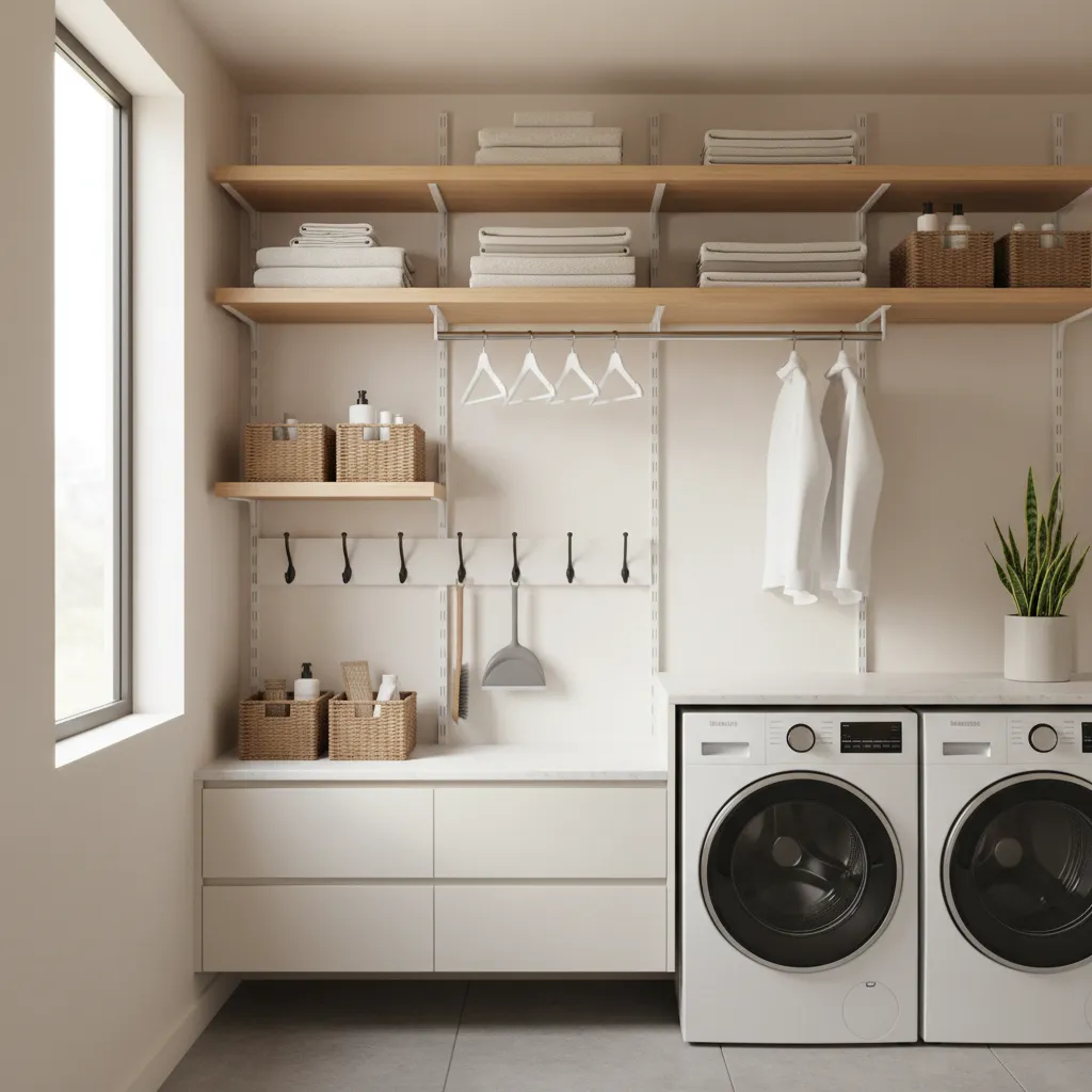 Vertical laundry wall storage with shelves hooks and hanging rods