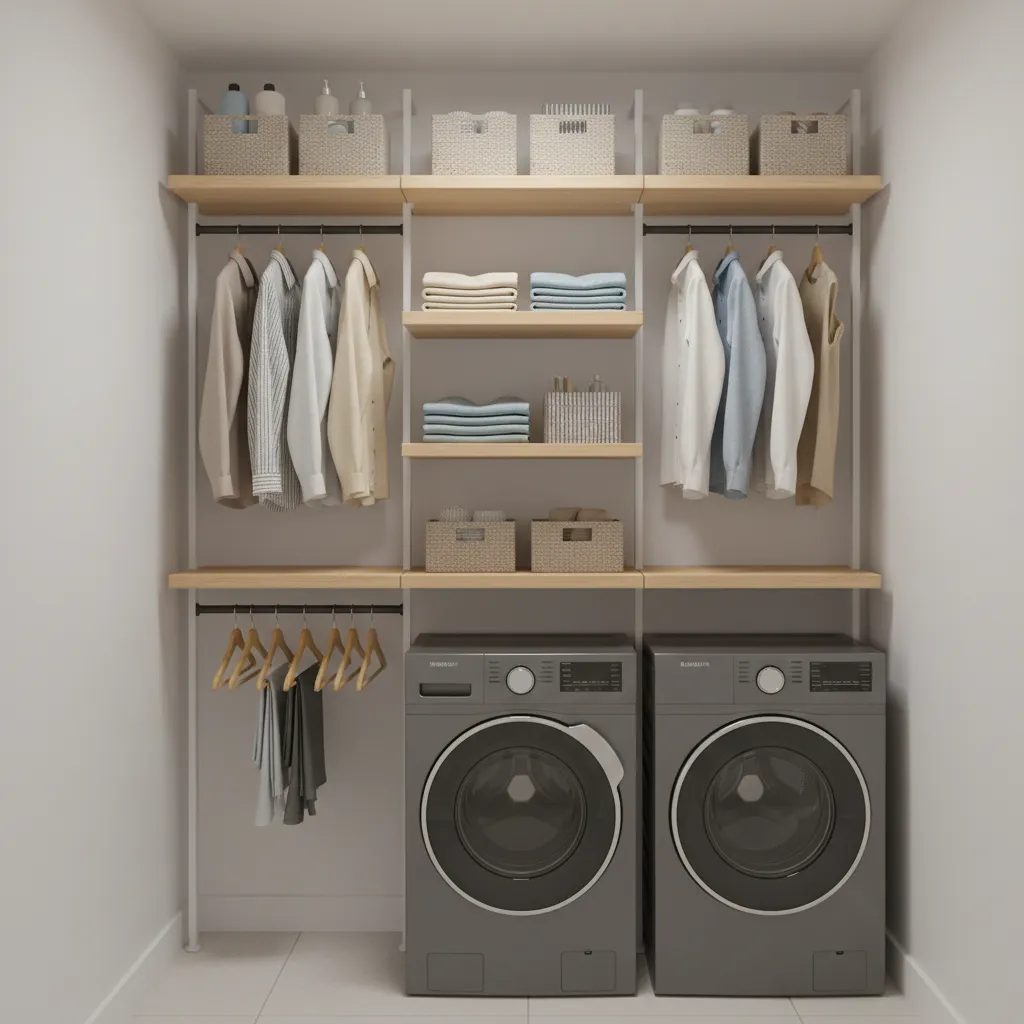 vertical storage shelves above grey washer and dryer
