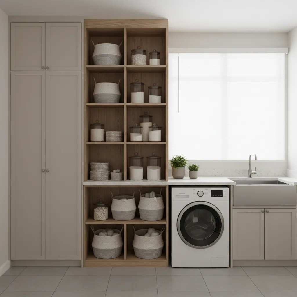 Laundry room vertical storage cabinets and organized shelves