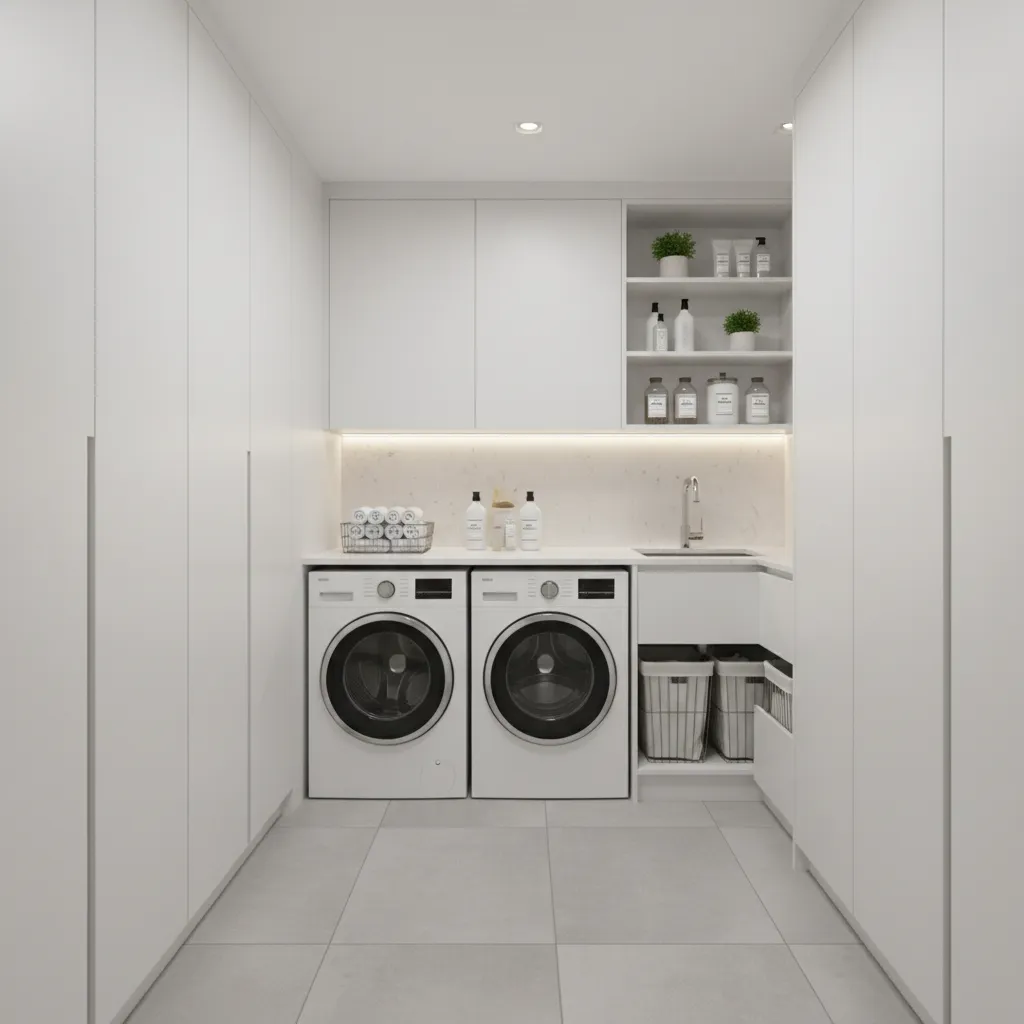 Floor to ceiling storage cabinets in a narrow laundry room