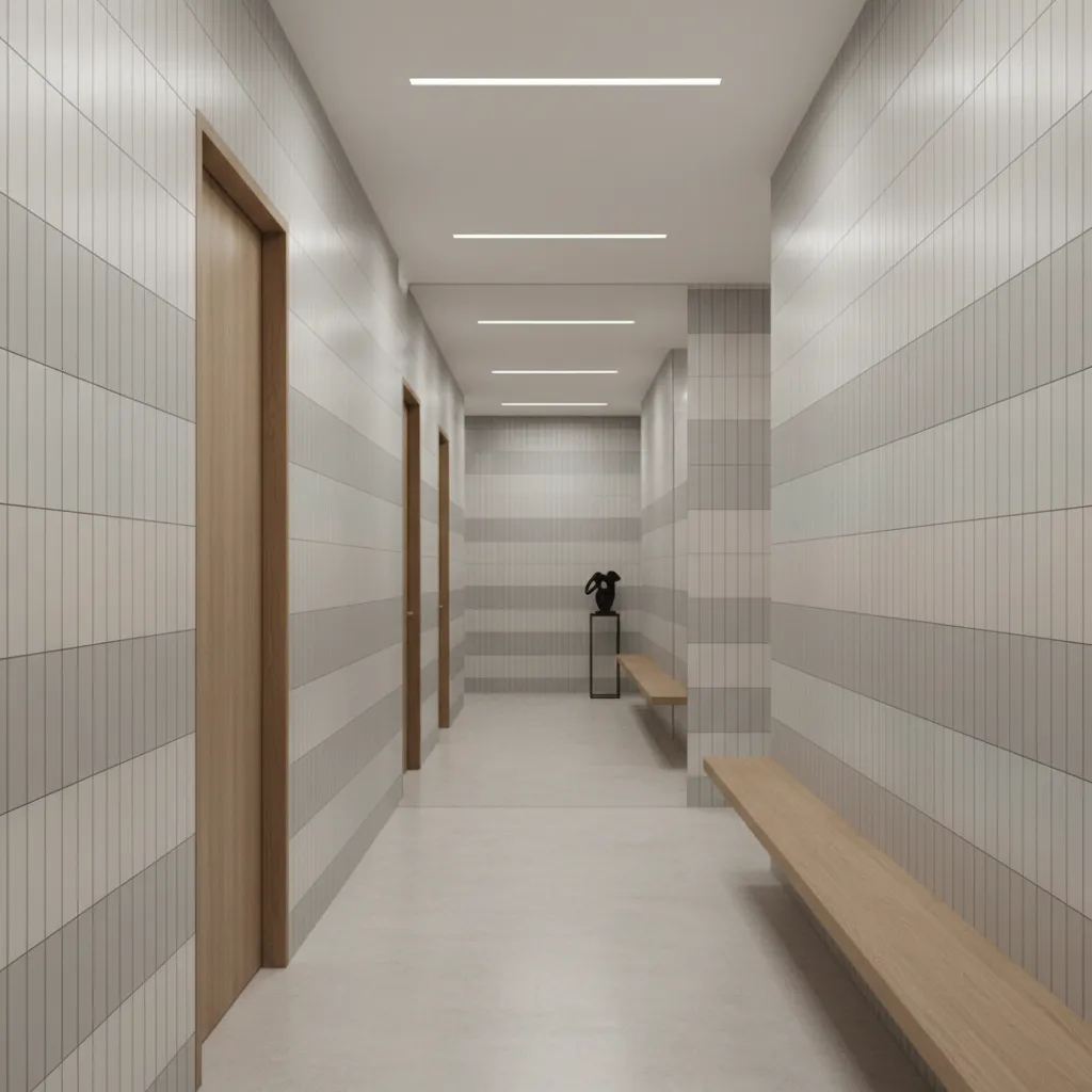 vertical tile layout on corridor wall making ceiling look taller