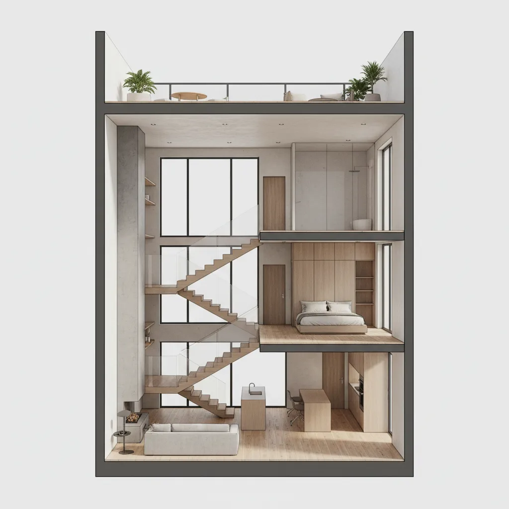 Distribución vertical de vivienda moderna entre medianeras