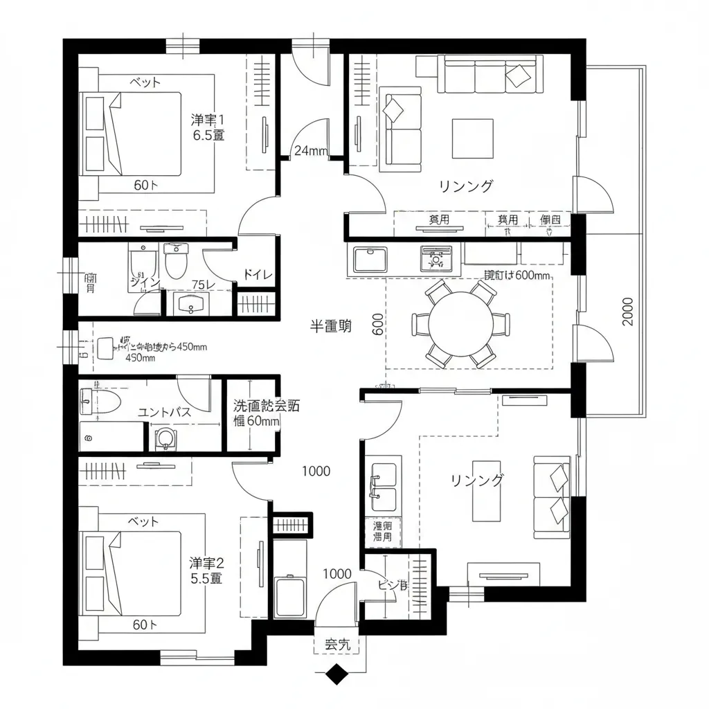 縦のワンストロークLDK＋二室の分節