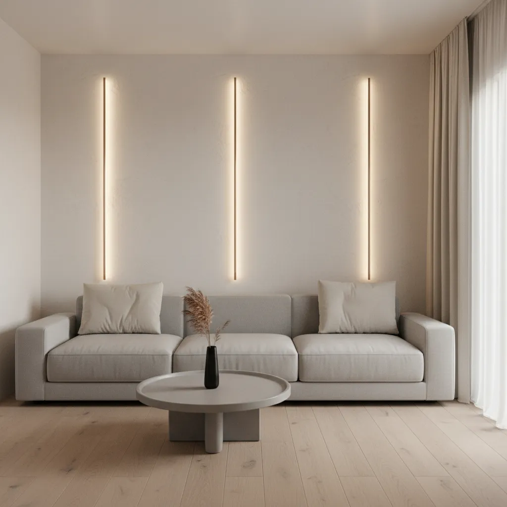 Vertical LED wall light bars making a small living room appear taller