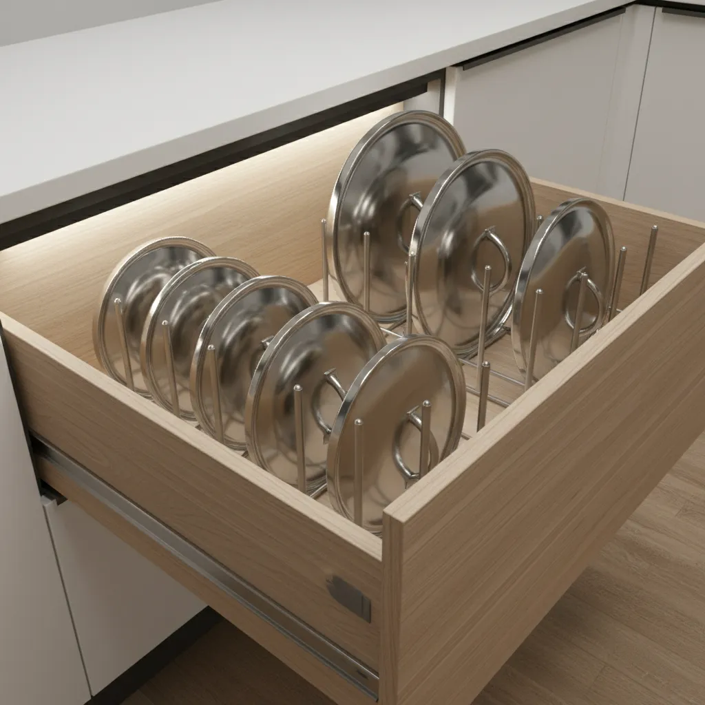 vertical pot lid organizer inside kitchen cabinet