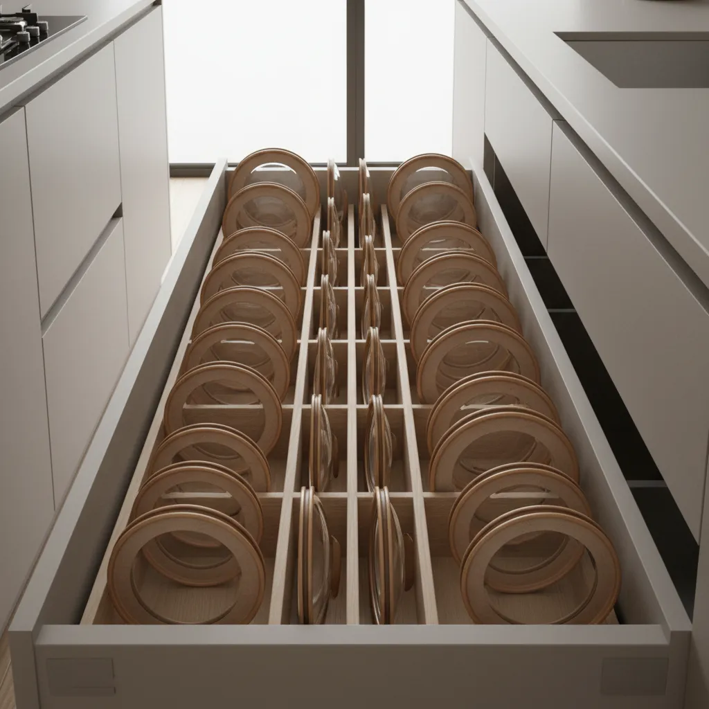 vertical lid organizer storing glass container lids in a kitchen drawer