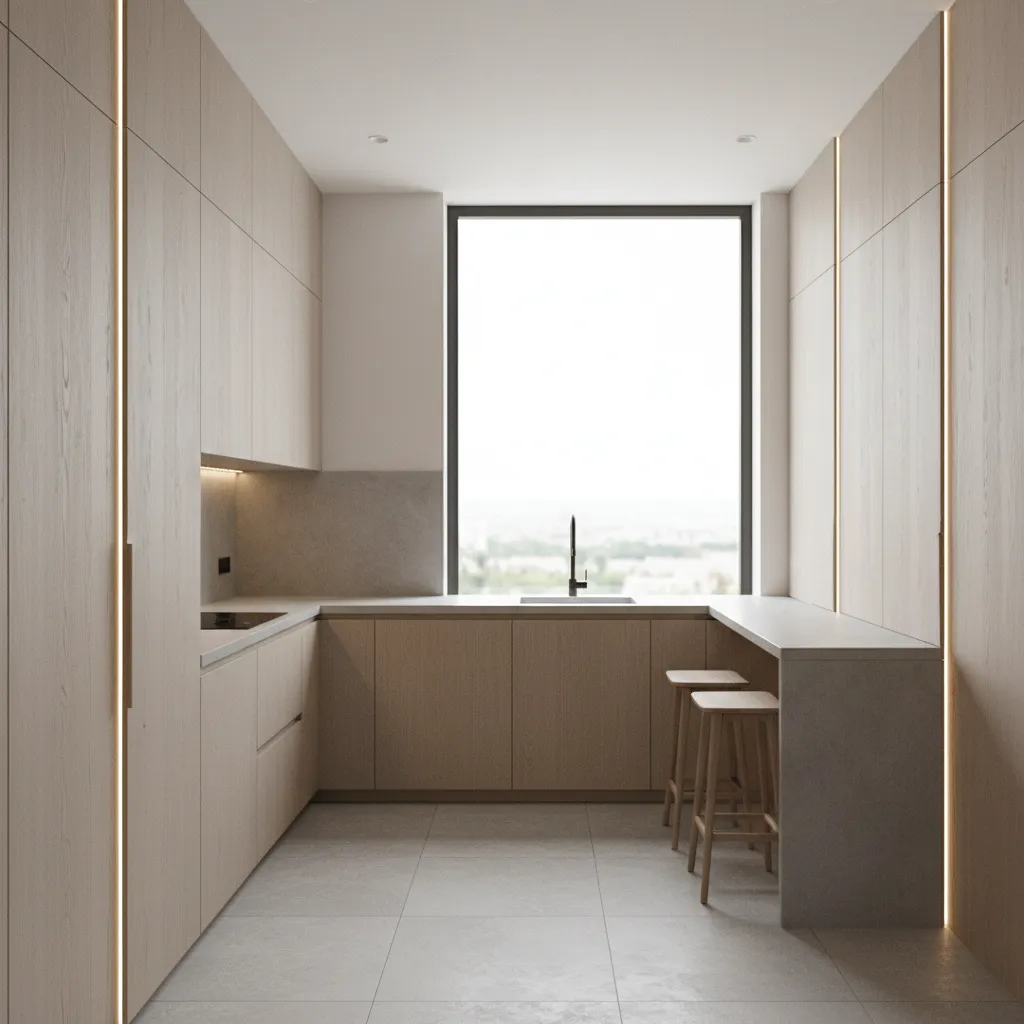Small kitchen with vertical LED lighting making ceiling appear taller