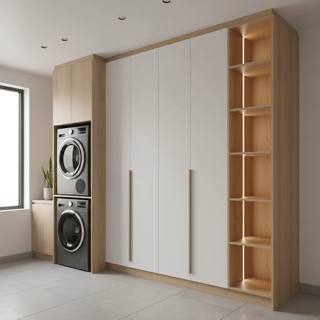 tall laundry room storage wall with vertical LED lighting