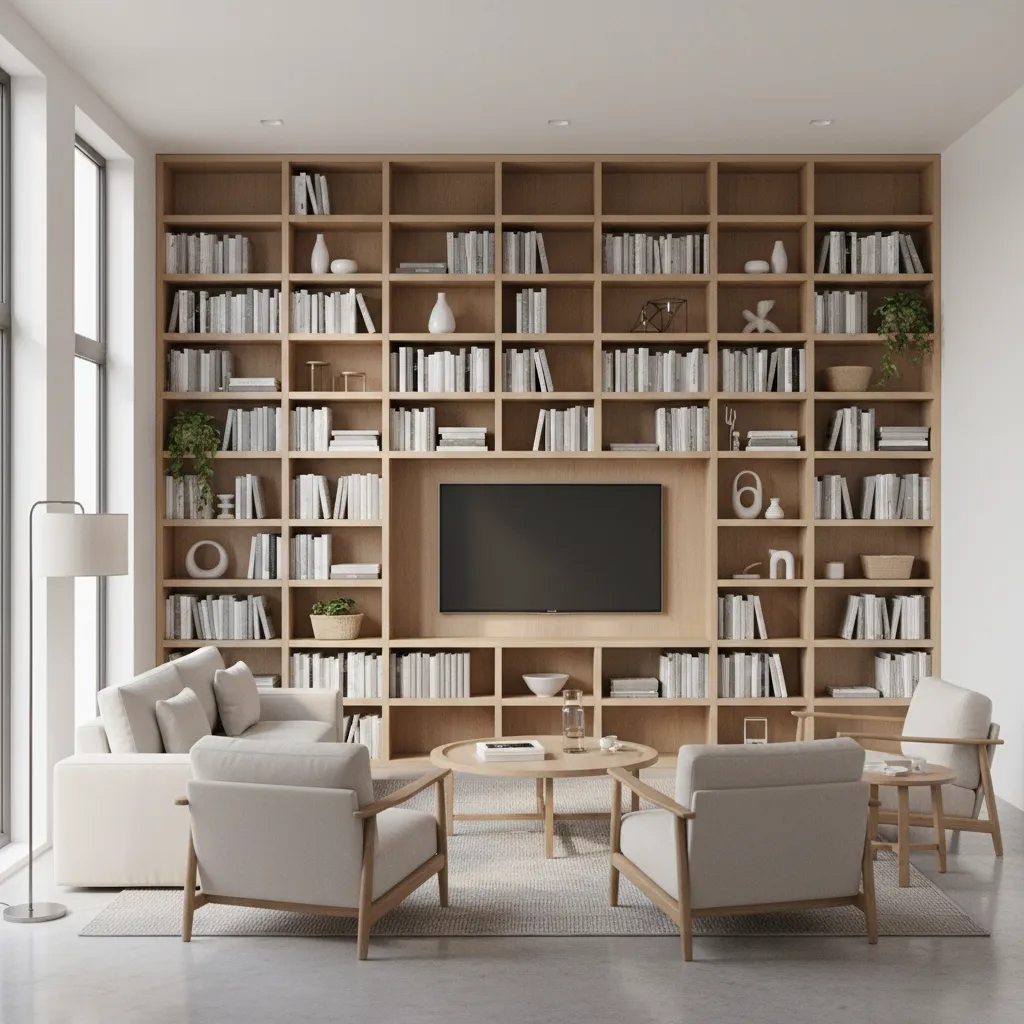 floor to ceiling shelving storage in modern living room