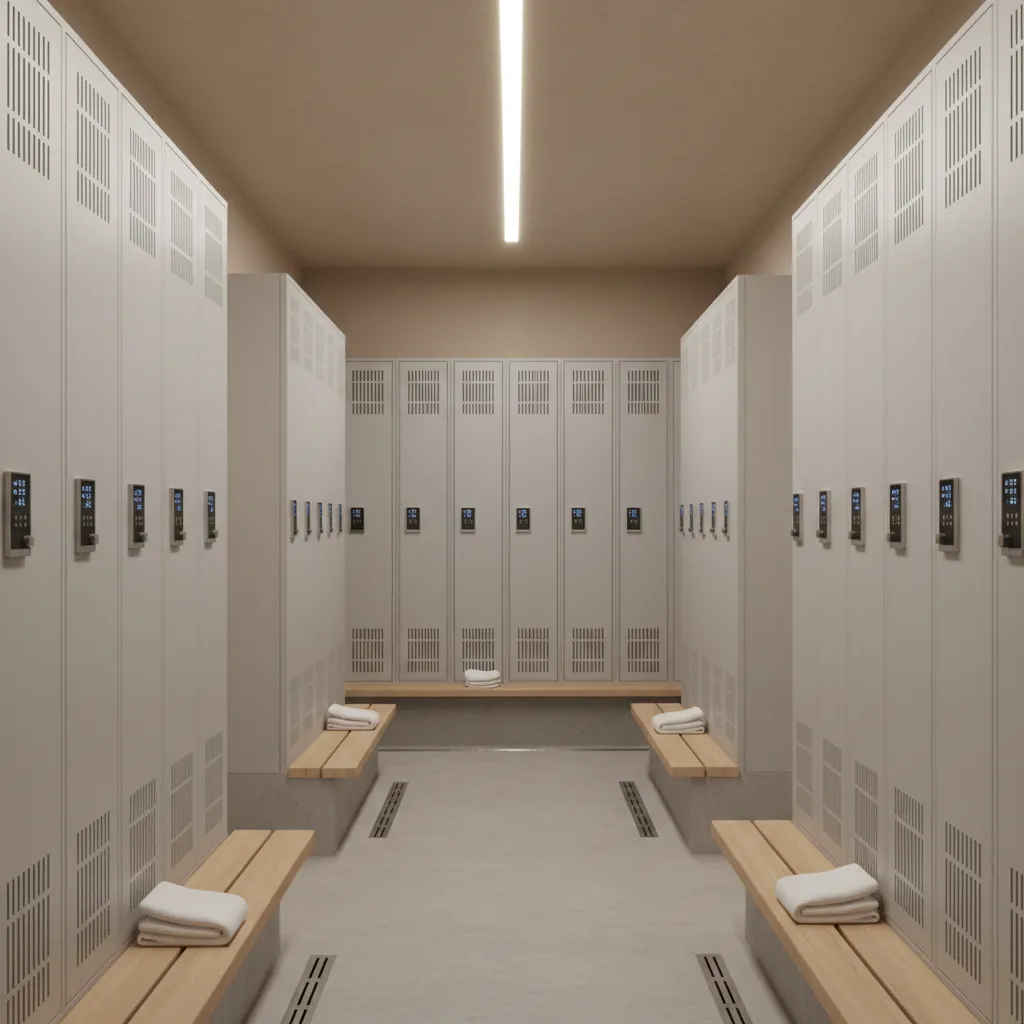 Tall vertical lockers maximizing storage in a small locker room