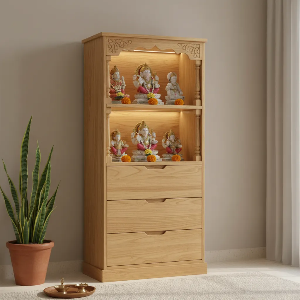 vertical compact mandir cabinet with shelves and idols for small home