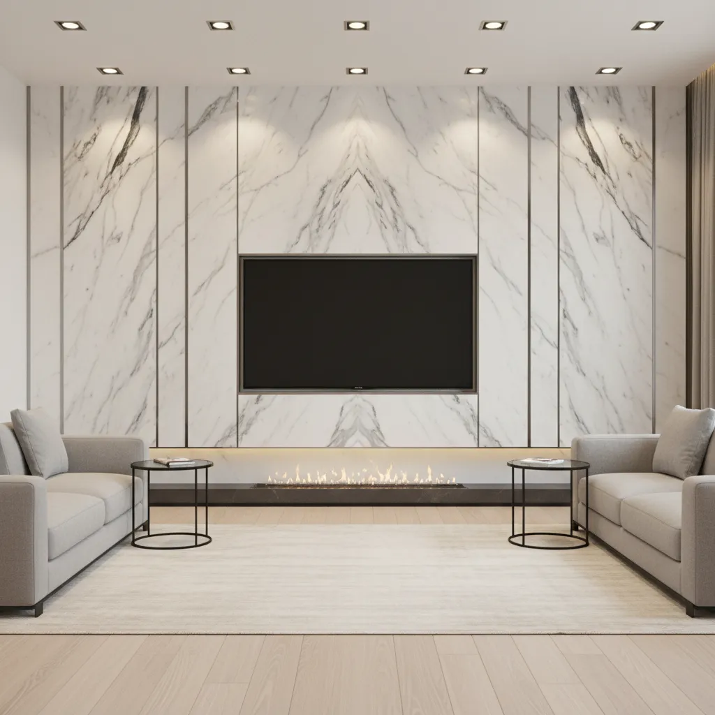 vertical marble panel TV wall design increasing visual height