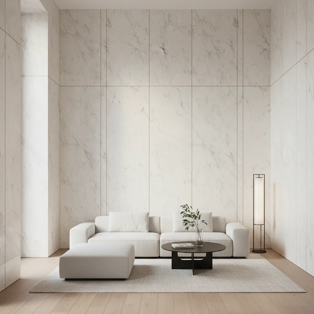 Vertical marble wall panels making a small room look taller