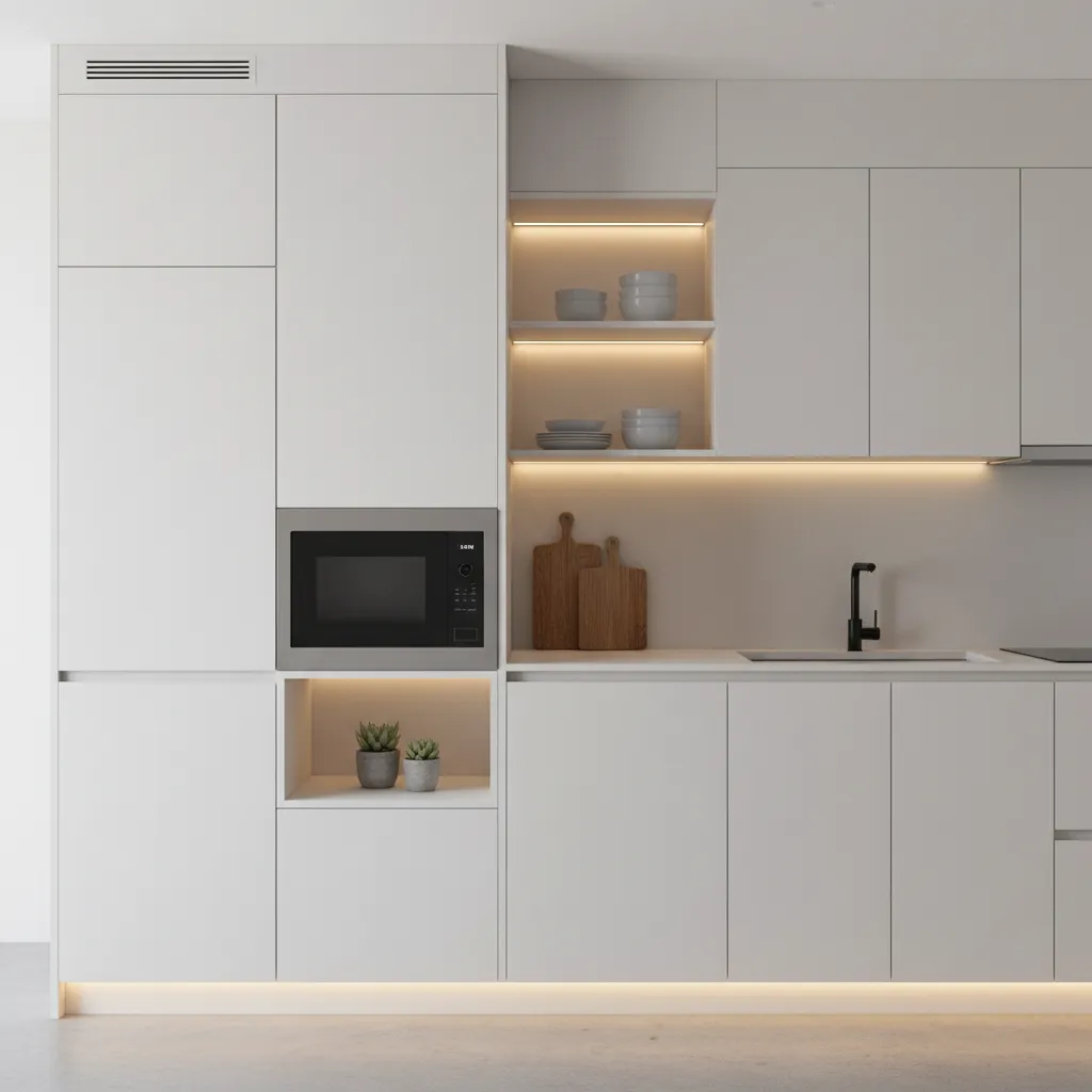 built-in microwave cabinet niche in a small kitchen