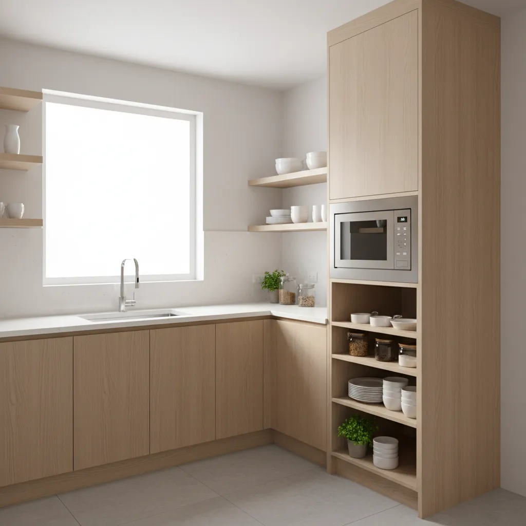 Microwave integrated into a tall kitchen cabinet for vertical storage