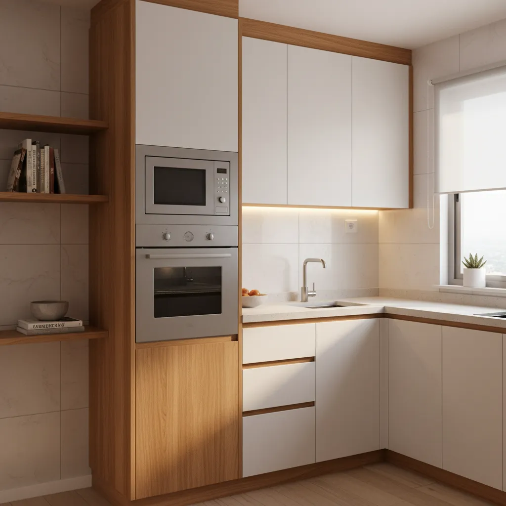 Vertical cabinet tower with microwave and OTG in a modular kitchen