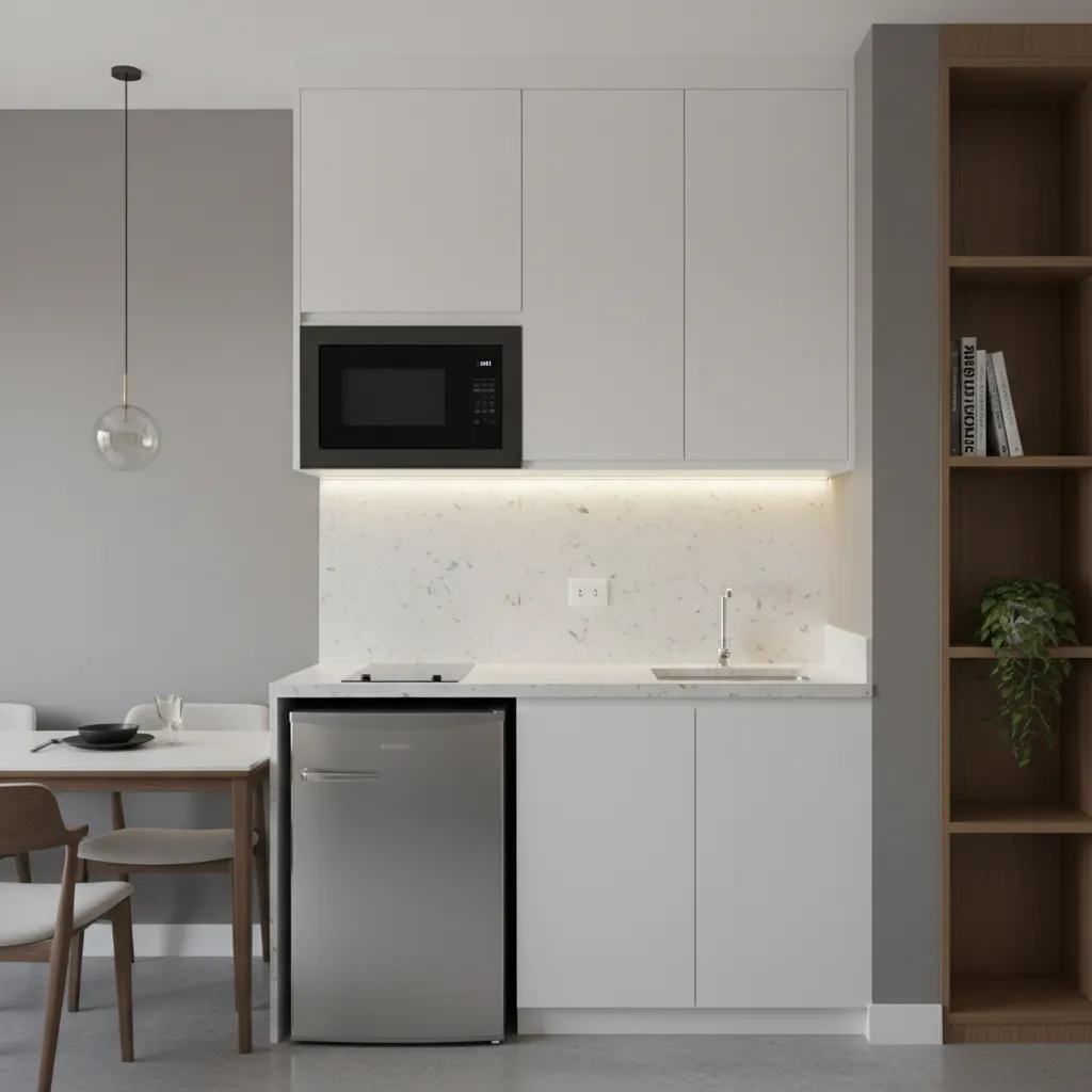 Vertical mini kitchen layout showing stacked appliances and cabinets