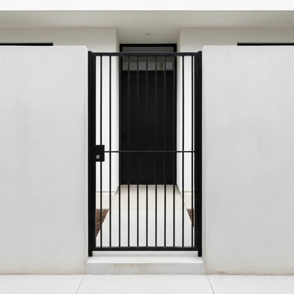 Reja moderna con barras verticales en fachada minimalista