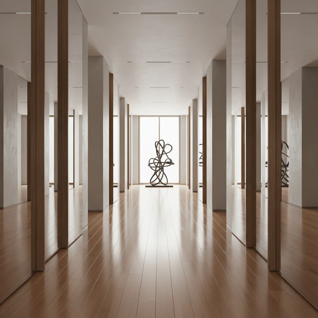 Three tall vertical mirrors installed on a long hallway wall